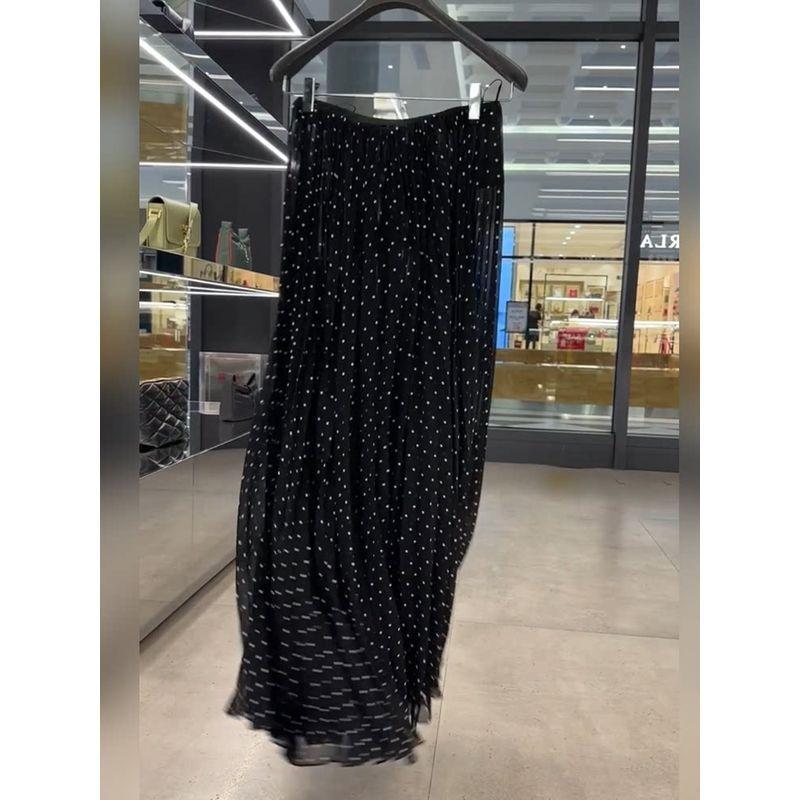 [in Stock] 2026 Autumn New Black Polka Dot High-Waisted Slimming Pleated Skirt for Women, Fairy-Like A-Line Skirt