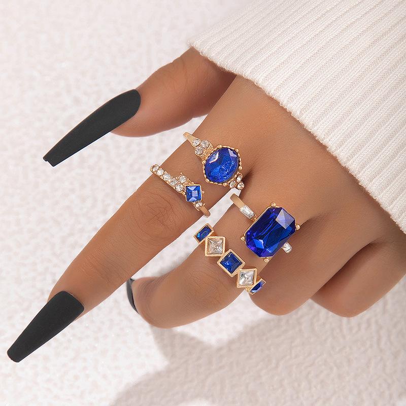 Jewelry, Colored Diamond Four-piece Ring Set, Geometric Imitation Diamond Set Ring Set