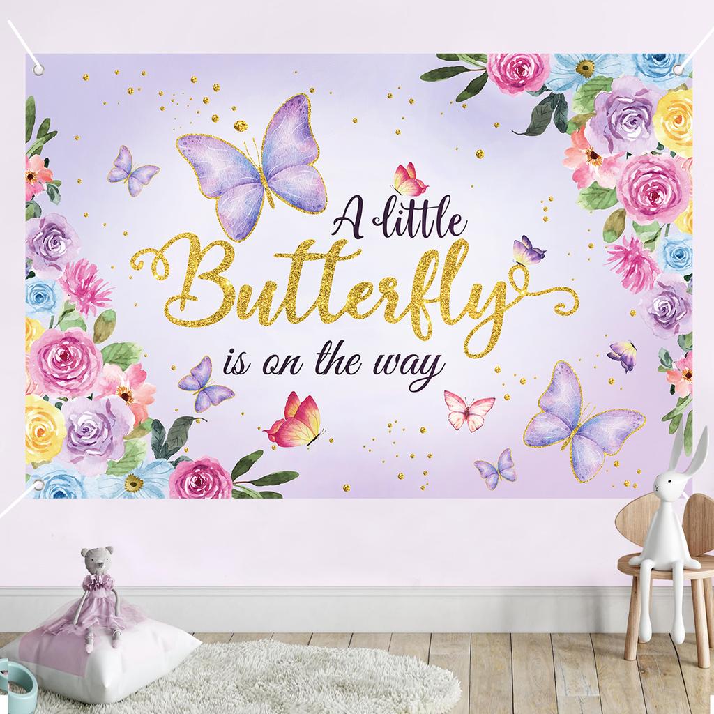 150x100cm Happy Birthday Butterfly Backdrop Decoration Kids Girls Baby Shower Birthday Party A Little Butterfly Is On The Way