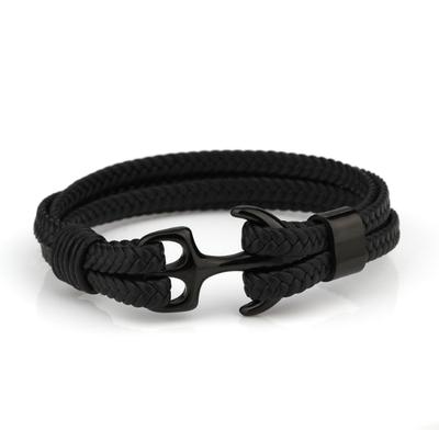 Elegancka męska bransoletka skórzana stal kotwica czarny 20cm
