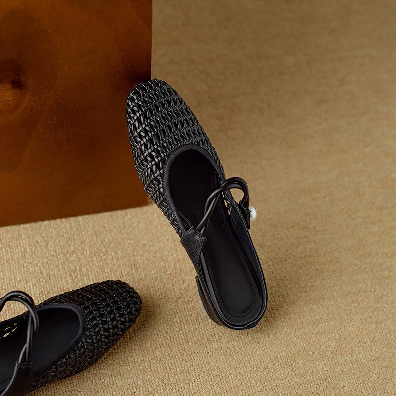 Krazing Pot Microfiber Mules Weaving Summer Size 41 Low Heels Pearl-studded Party Shoes Women Square Toe Gladiator Hollow Out Pumps