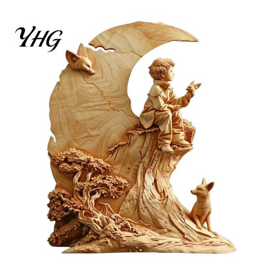Vintage Home Accents Fairy Tale Little Boy and Fox Wooden Figurine, Rustic Desktop Statue, Artistic Carved Christmas Gift Ideas Sculpture Ornament for