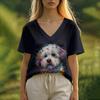 Summer Women's T-Shirt Oil Painting Puppy Print Casual Short-Sleeved 3d T-Shirt Fashion Street Wear V-Neck Pullover Oversized Wo