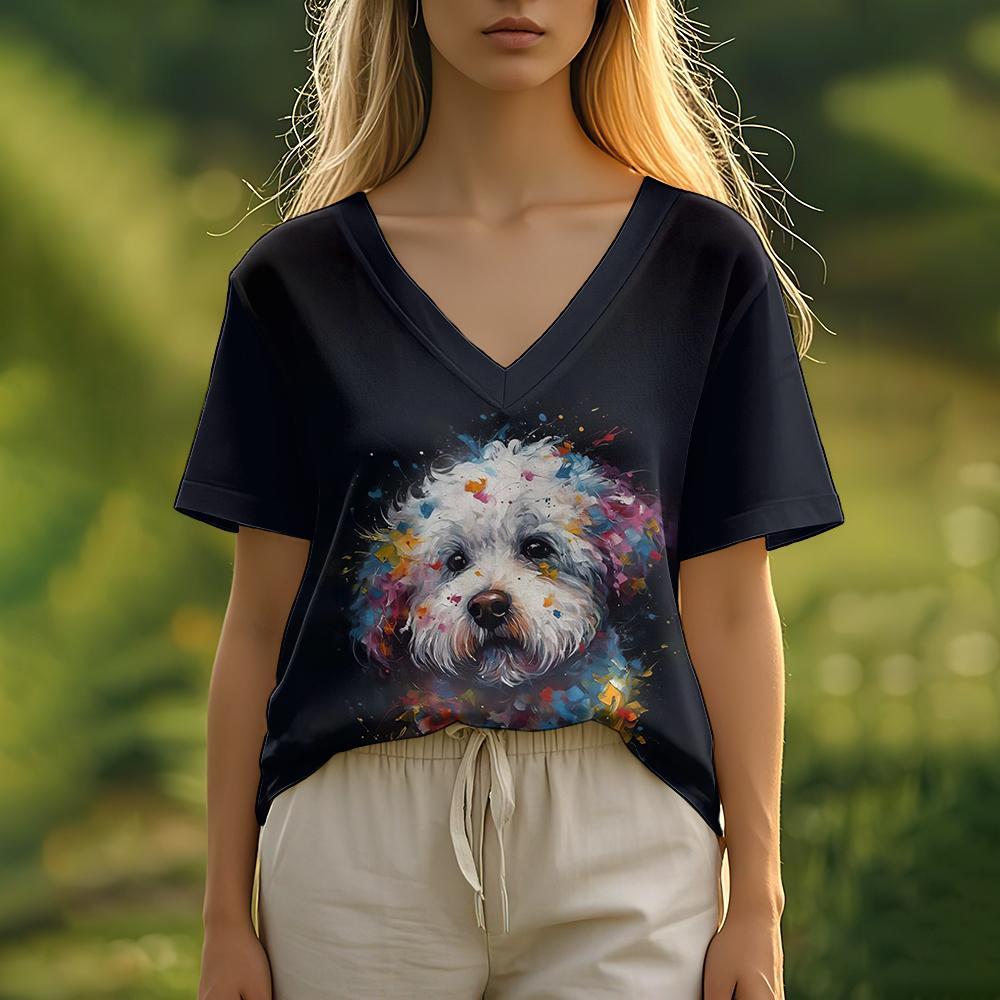 Summer Women's T-Shirt Oil Painting Puppy Print Casual Short-Sleeved 3d T-Shirt Fashion Street Wear V-Neck Pullover Oversized Wo