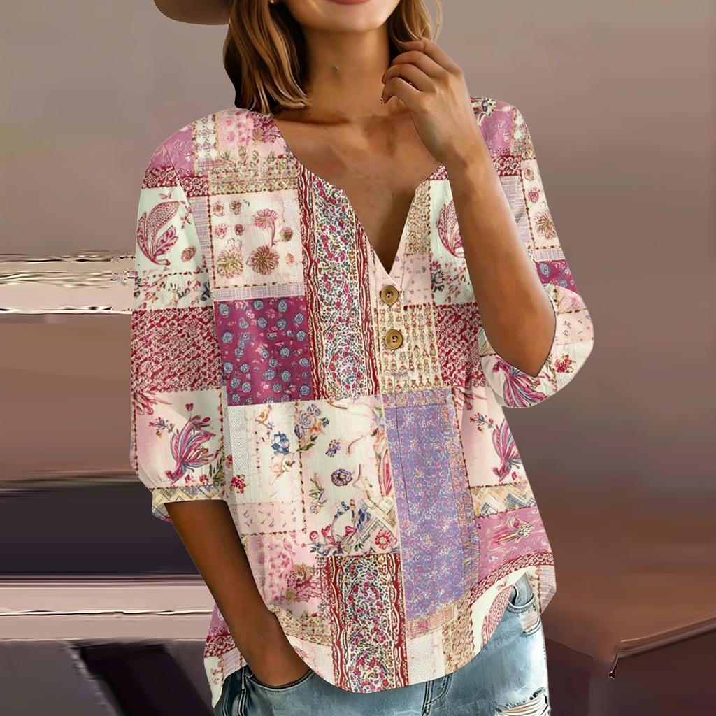 Women’s Fashion Printed Patchwork Cotton Linen Henley Shirt with Button Front and Three Quarter Sleeves Relaxed Fit Top