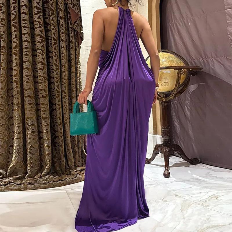 New spring women's clothing, European and American dresses, elegant solid color French neck skirt long dress