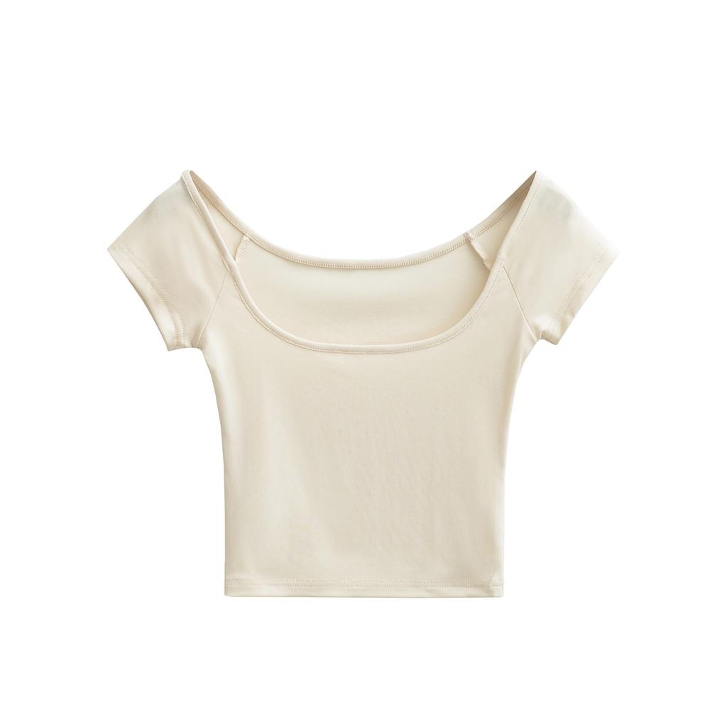 Big U-neck short-sleeved T-shirt women's summer new American Spice Girl style solid color casual inner short bottoming top