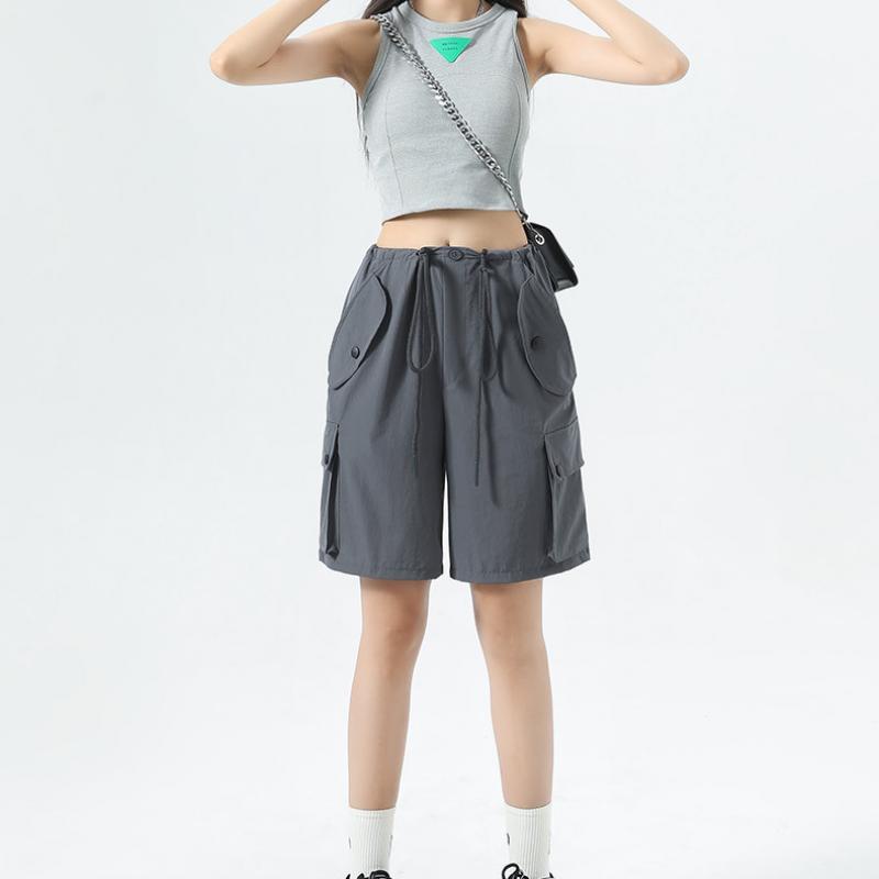 Damen Rosa Latzhosen Shorts 2023 Sommer Dünn Hohe Taille Lässig Locker Weitbein Amerikanische Sport Radshorts Bequem Y2k