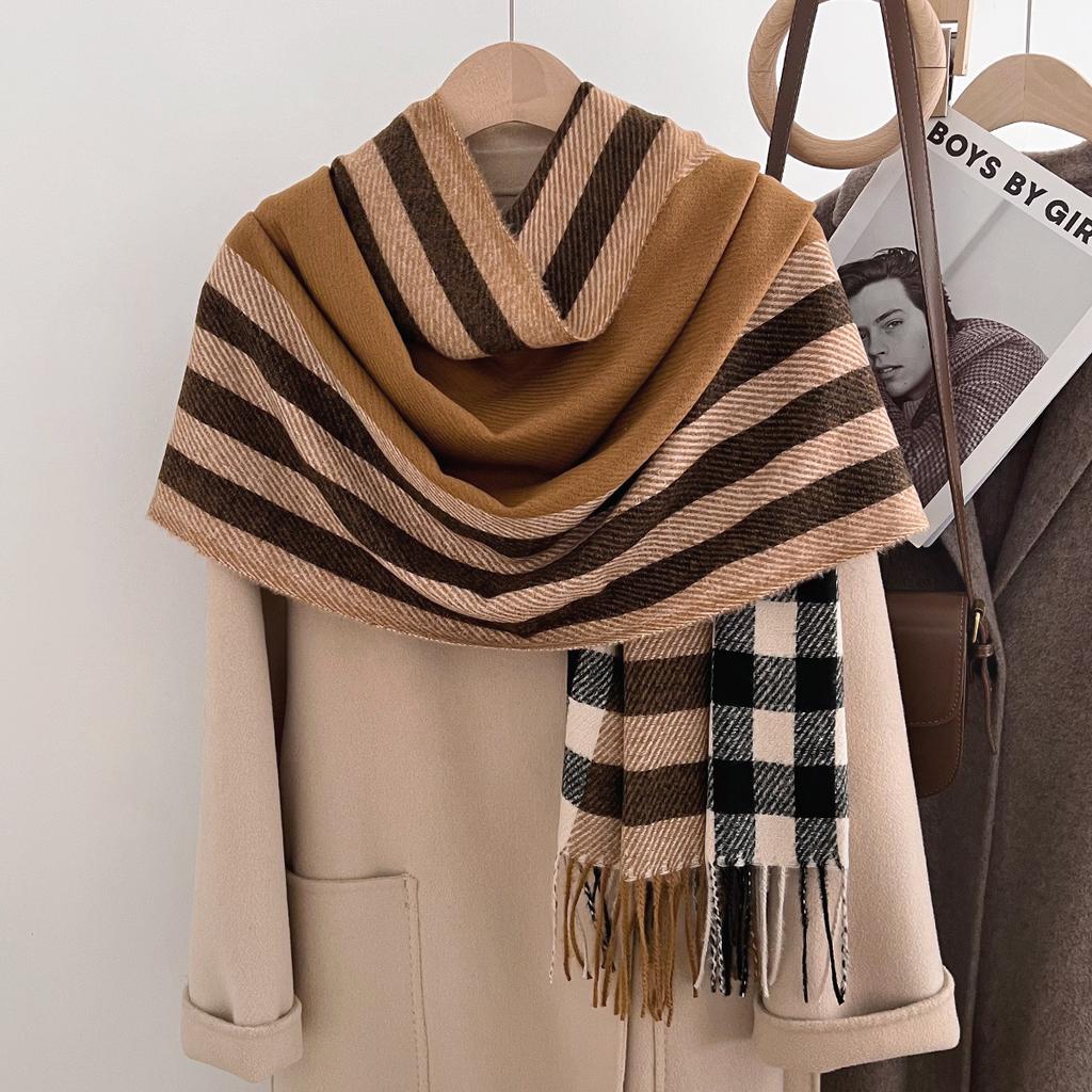Autumn and Winter Scarf Women's 1116 New Korean Version of Simple Imitation Cashmere Plaid Warm Shawl Fashionable Versatile Fringed Scarf