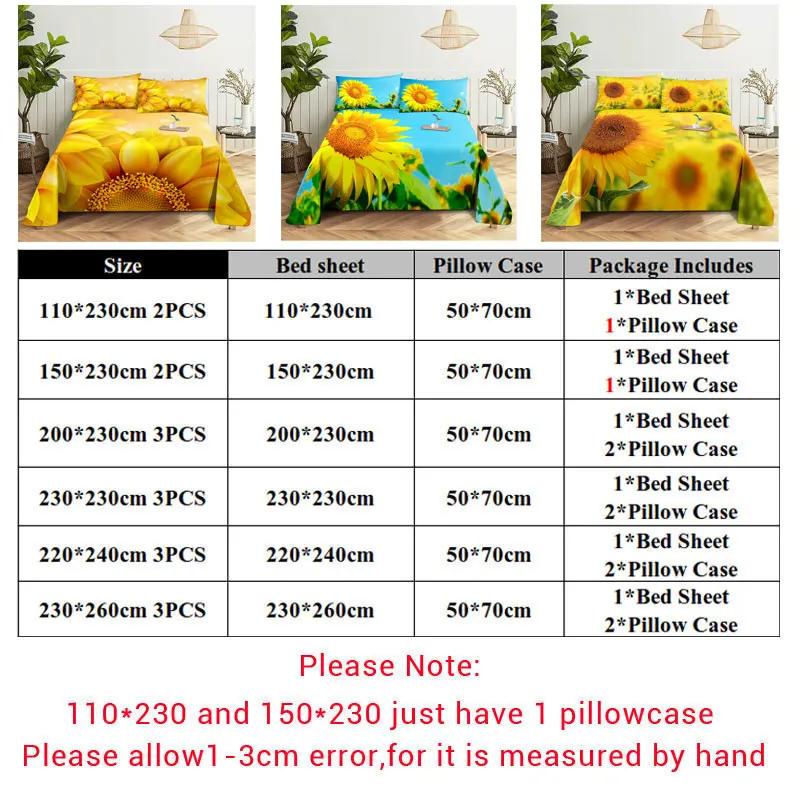 Sunflower Bed Sheet Sets Bouble Single Beds Flower Bedsheet with Pillow Case Full Queen Size 2pcs 3pcs 3D Soft Thin Fabric Home
