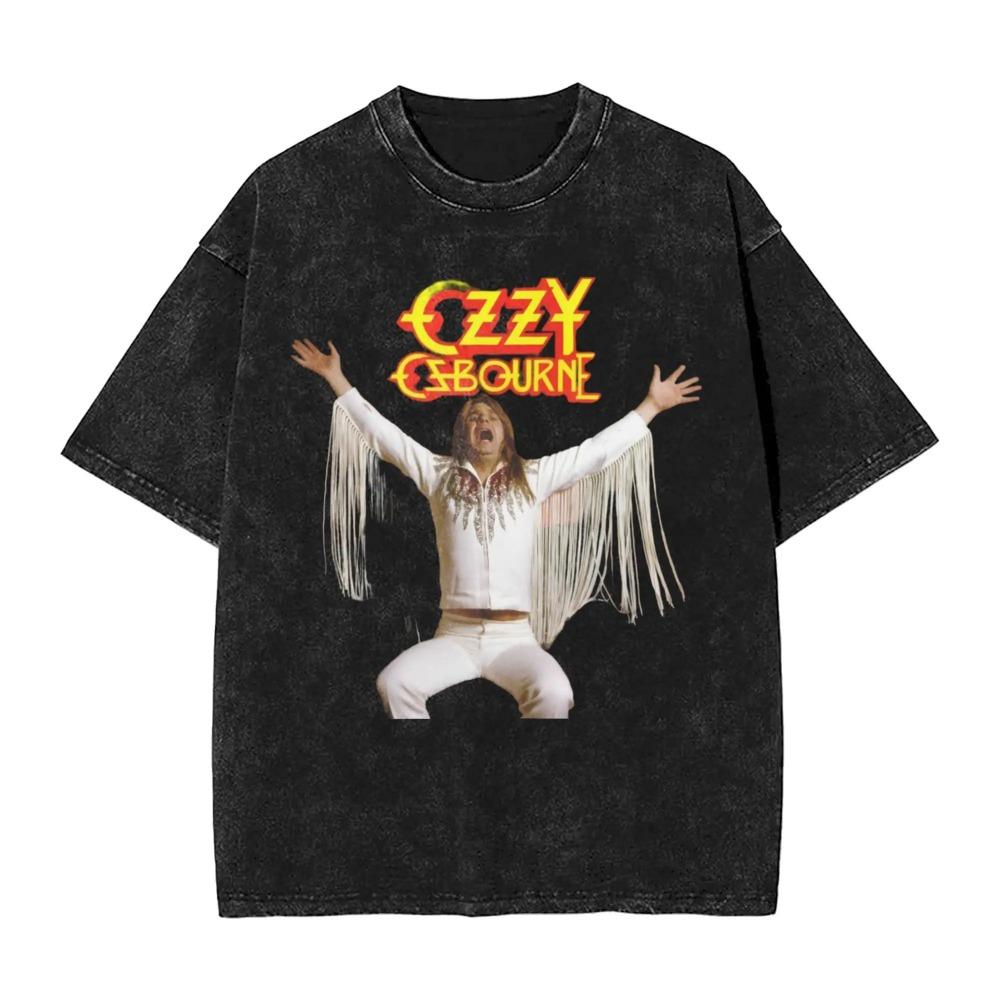 Übergroßes Vintage-Kurzarm-T-Shirt im Acid-Wash-Look mit Ozzy Osbourne Live-Bühnen-Metallhand-Grafikdruck