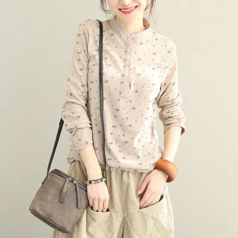 Dam Vår och Höst Retro Ståkrage Blommig T-shirt Dam Långärmad Skjorta Topp Dam Underlags-skjorta
