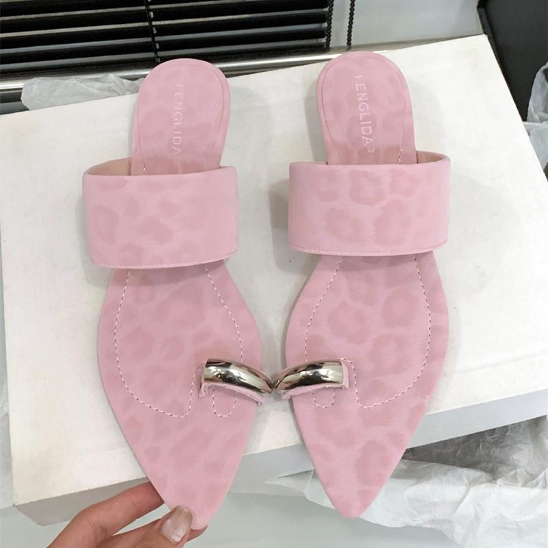 

Fashion Fashion Leopard Metal Decoration Design Brand Slippers Women Comfortable Clip Toe Wedges Slide Sandals Summer Concise Beach Shoe 35 розовый