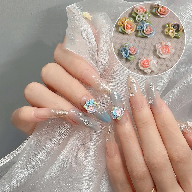 10 Pcs 3D Carved Rose Resin Colorful Rose Nail Charms Flower Accessories Material Nail Art Decorations Diy Manicure Salon Supply