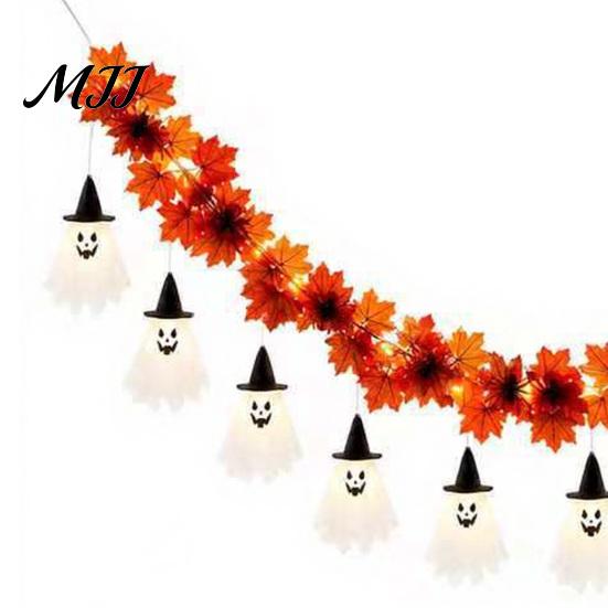 Seasonal Decorative Props for Events 70 Inch Halloween Light Up Ghost Garland, Spooky Maple Leaf String with 10 Funny Festival Room Decor Ghosts,