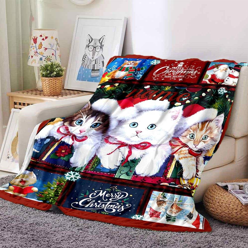 Festive Feline Friends Throw Personalized Blanket Personalized Name Soft Cozy Throw For Sofa Couch Office Bed Picnics Four Seasons Multipurpose