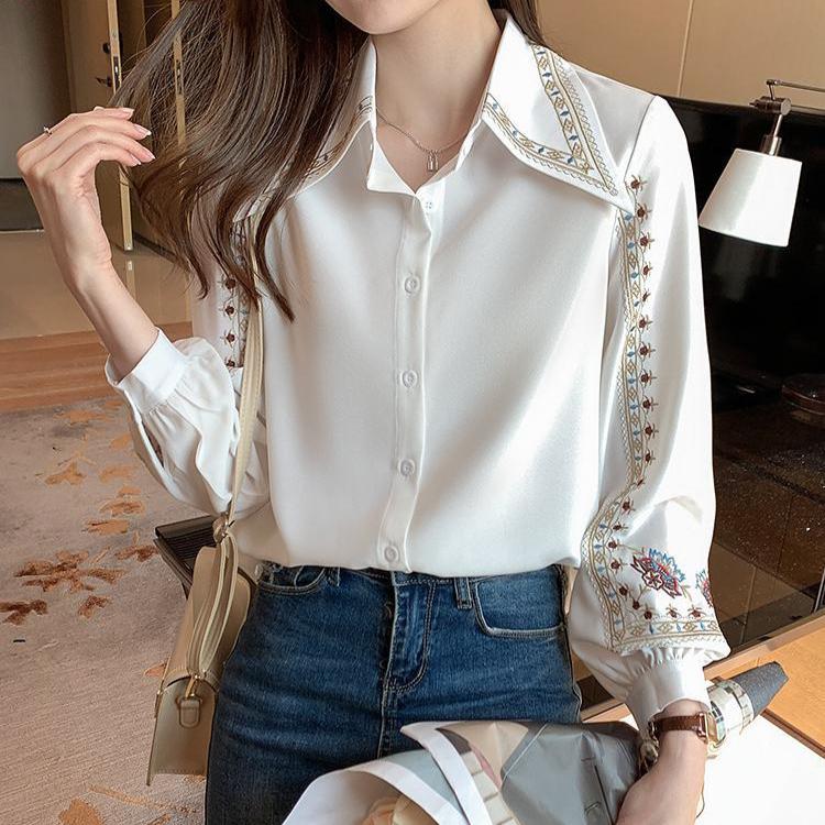 Chiffon Blouse Women Long Sleeve Embroidered Elegant French Top Light  Style Tops