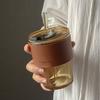 Bamboo Shaped Glass Cup with Leather Cover, Anti-Scalding, Good for Coffee and Tea Stylish and Portable Ideal for Home or Office