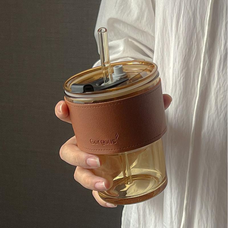 Bamboo Shaped Glass Cup with Leather Cover, Anti-Scalding, Good for Coffee and Tea Stylish and Portable Ideal for Home or Office