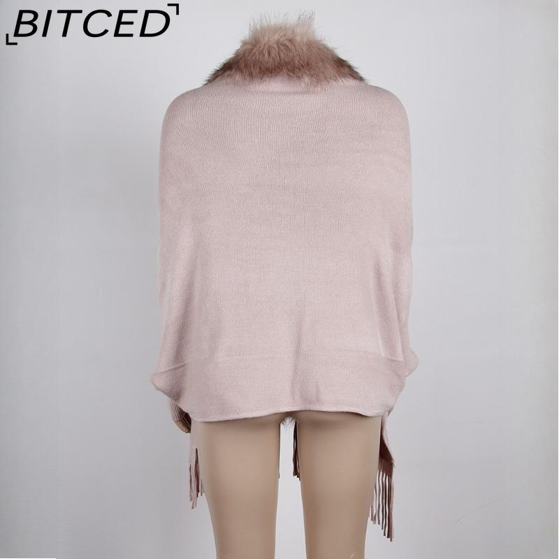 BITCED Fall/Winter Fringe Cape Shawl with Fur Collar Solid-Color Knit Sweater Jacket