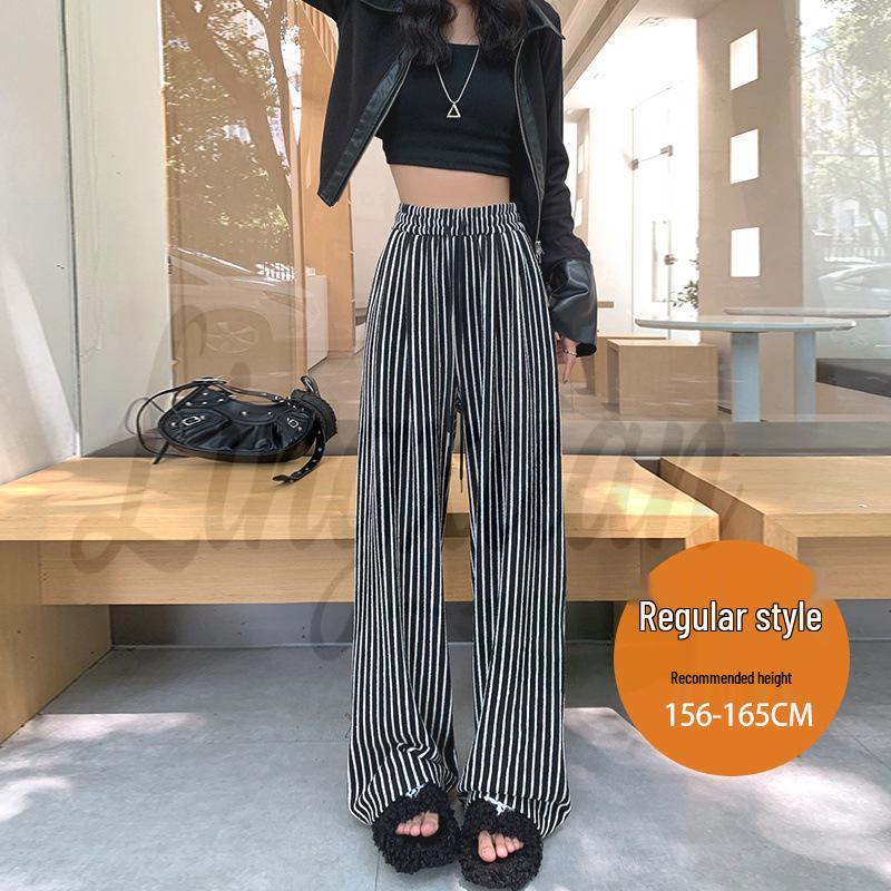 Black & White Vertical Stripe Wide Leg Casual Pants - Autumn/Winter Korean Style Small