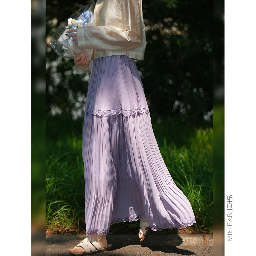 Dimanaf 2025 Summer Women New Skirts Chiffon Solid Lace Pleated Elastic Waist Mesh Elegant Skirts