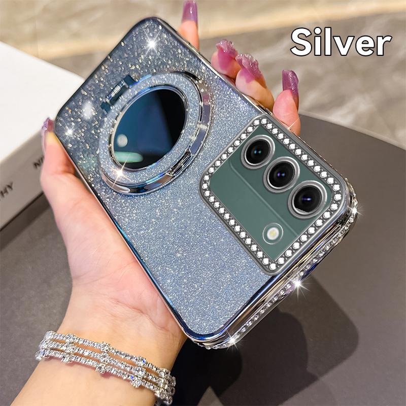 KEYSION Glitter Jewelled Magnetic Phone Case for Samsung Galaxy S22 Ultra S21+ Plus S20 FE Makeup Mirror Stand Shockproof Cover