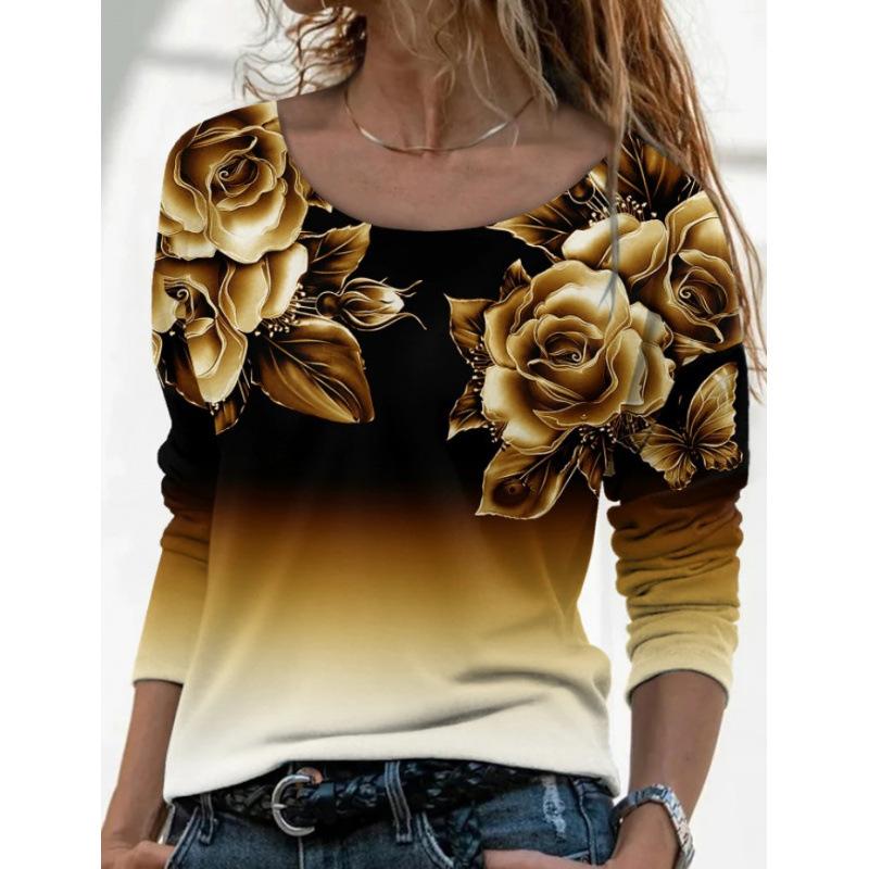 Women's Floral Print Gradient Long Sleeve Top Casual Crew Neck 3D Rose Print Tunic Shirt