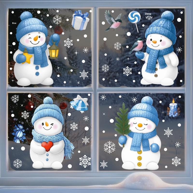 Santa Claus Stickers Blue Snowman Window Decorations Glass Static Stickers Christmas Decorations Snowflake Window Stickers