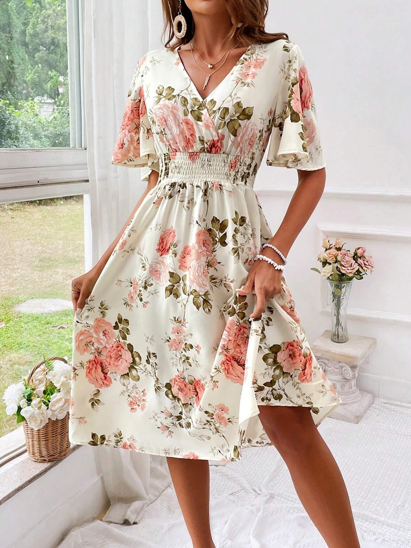 New printed v-neck summer explosive temperament dress XS