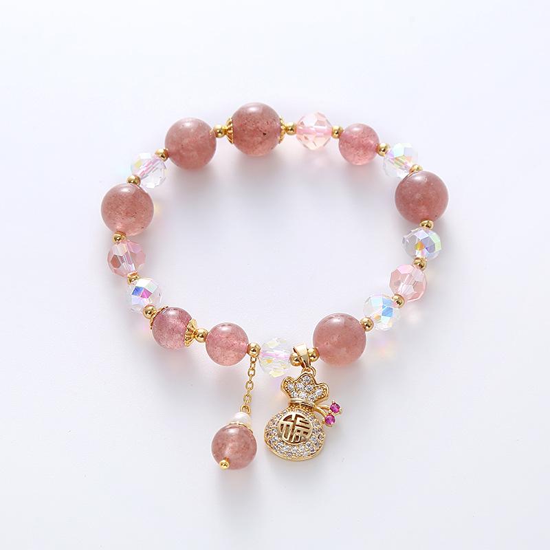 Natural strawberry crystal money bag pendant beaded crystal bracelet Bangles Women Fashion Jewelry accessories Gift