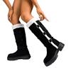 Women's Buckle Detail Knee High Boots - Faux Fur Lined Casual Boots with Hidden Wedge Heel, Low Heel Winter Fashion Boots
