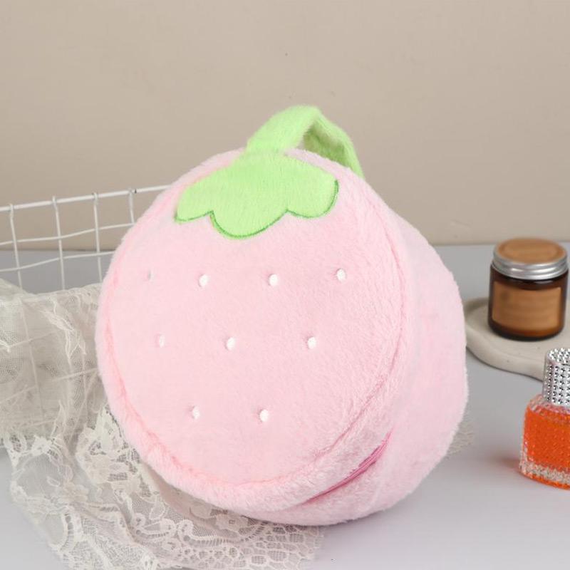 Cute Plush Strawberry Makeup Bag Portable Handheld Large Capacity Cosmetics Storage Bag Waterproof Lining Travel Grooming Bag Set