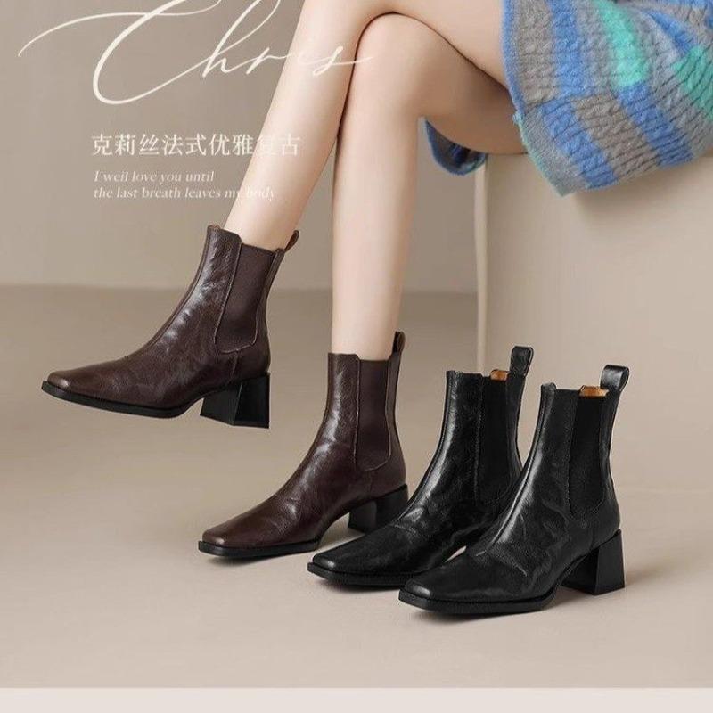 Fashion Maillard Vintage Brown Sleeve Chelsea Skinny Boots Square Toe Chunky High Heel Short Tube Girl