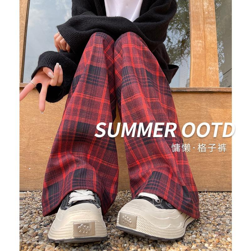Red Plaid Pants Women's Spring and Autumn New Small Drape Casual Loose Lazy Style Retro Wide-leg Pants