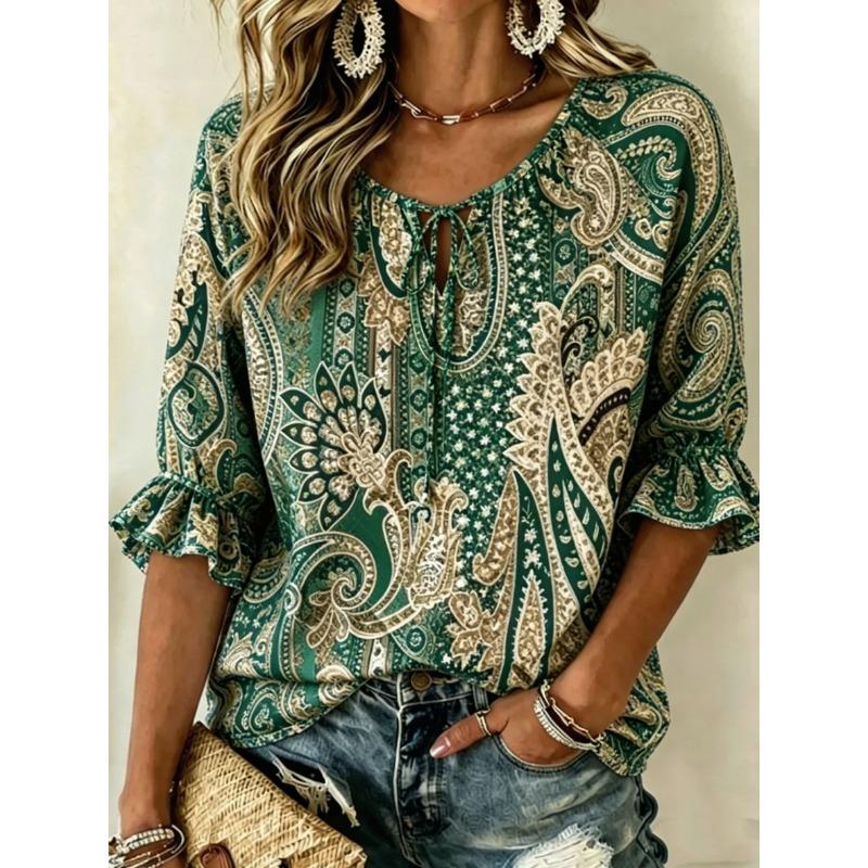 Women's Pink Plaid Geometric Print Tie Neck Blouse Ruffle 3/4 Sleeve Casual Office Work Loose Spring Autumn Top