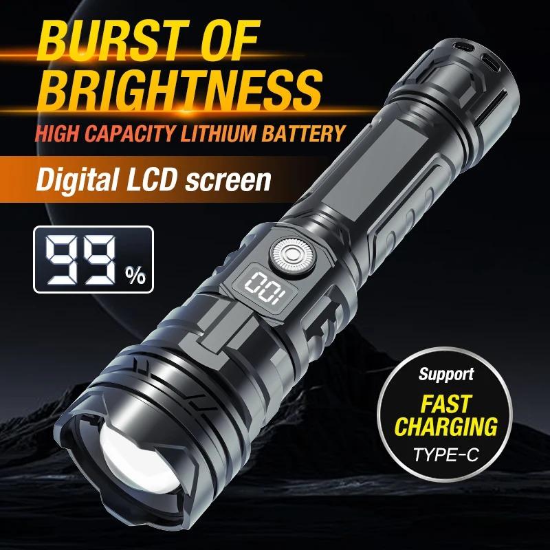 New Digital ABS Flashlight with Strong Light Zoom, Long-lasting Camping LED Light Outdoor Portable Searchlight