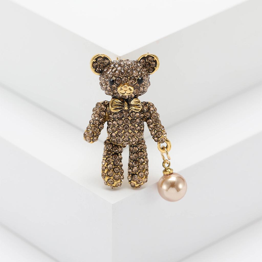 SKEDS New Arrival Women Shiny Full Crystal Bear Pearl Pendant Brooches Pins Fashion Design Animal Rhinestone High-end Badges