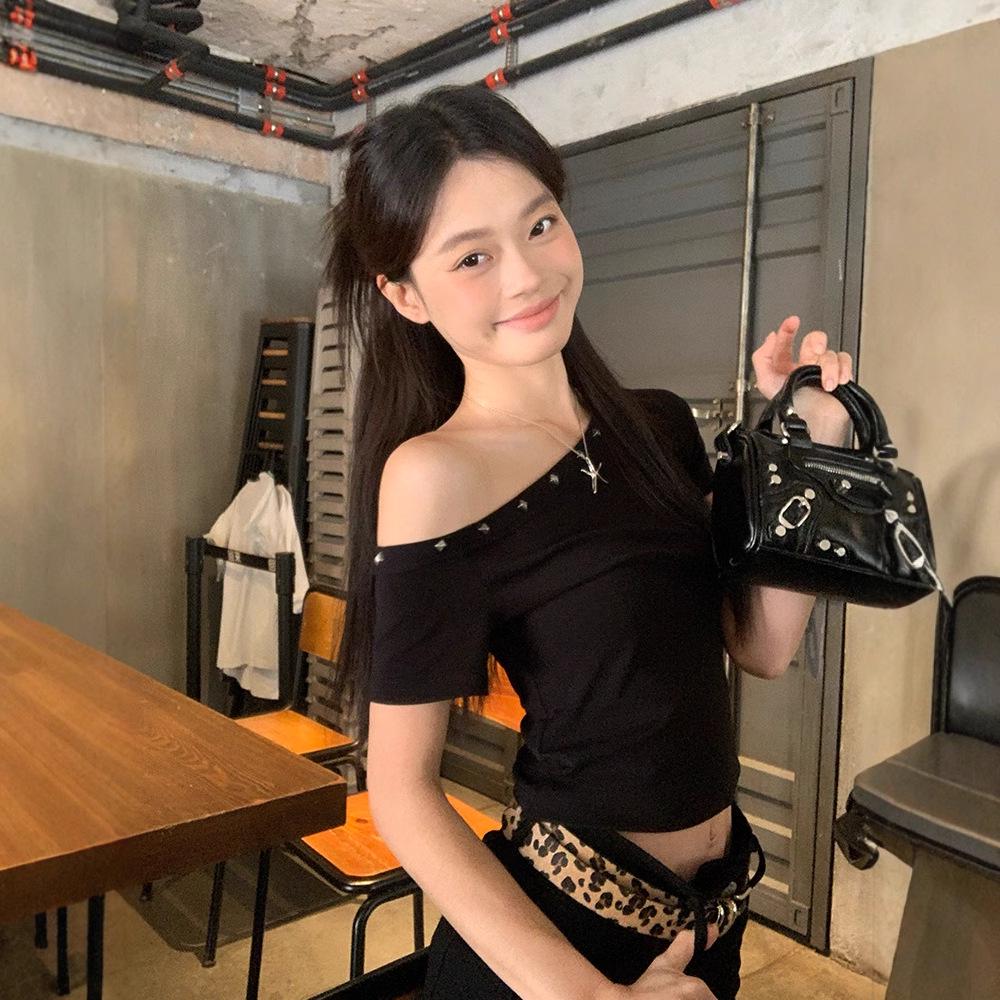 Women's Black Asymmetric Off-Shoulder T-Shirt with Rhinestones, Summer 2025 Collection - Chic and Unique Style