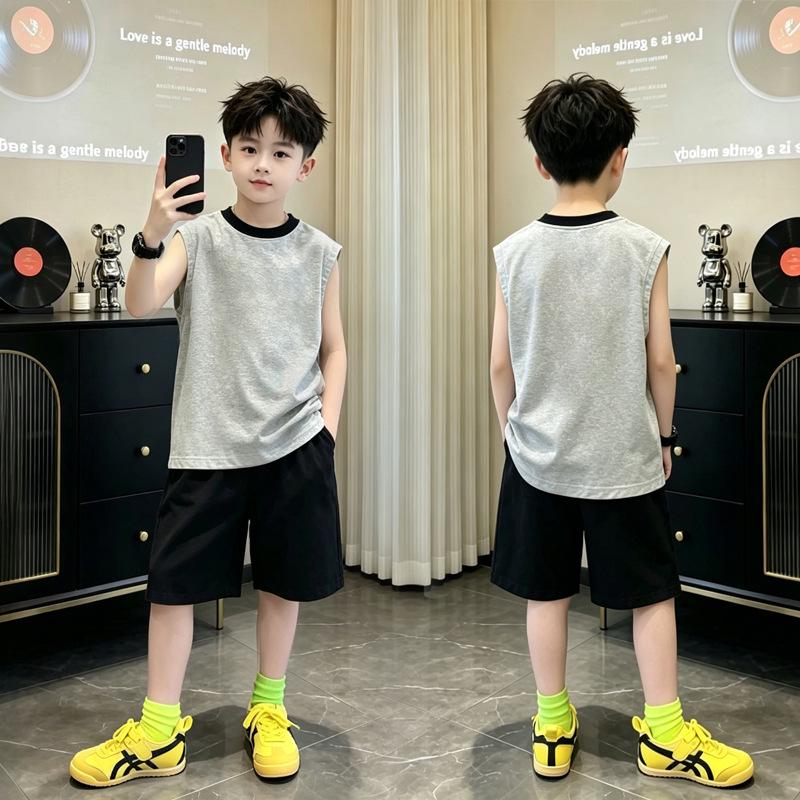 Boys' Korean Style Cotton Color Block Sleeveless Vest Set - Summer 2026 New Arrivals, Medium & Large, Round Neck Trendy Top
