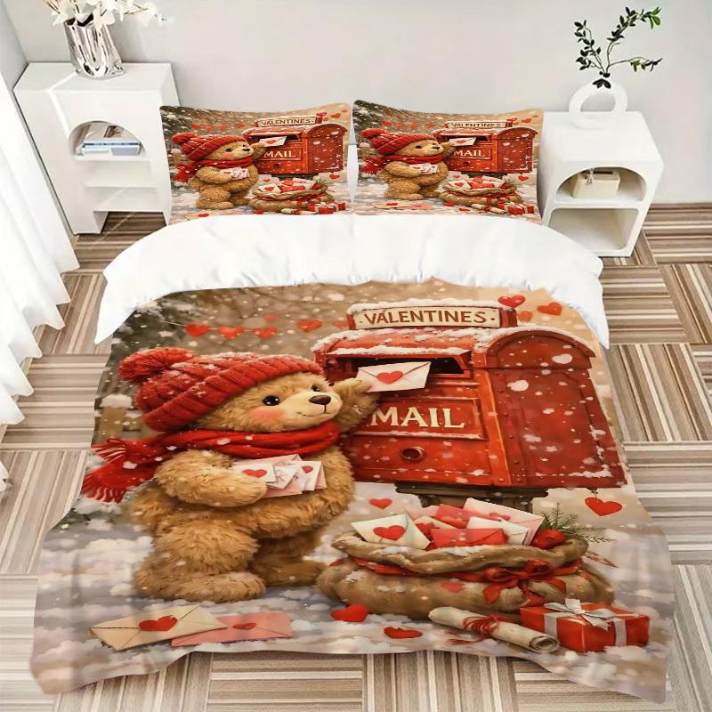 3pcs Valentines Day Gift - Cute Teddy Bear Bedding Set with Red Heart Envelopes - Includes One Quilt Cover and Two Pillowcases (No Core) - P