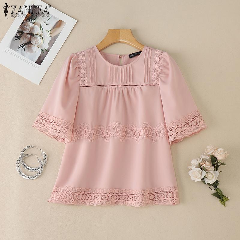 

ZANZEA Women Casual Round Neck Short Sleeve Patchwork Blouse 2XL синій