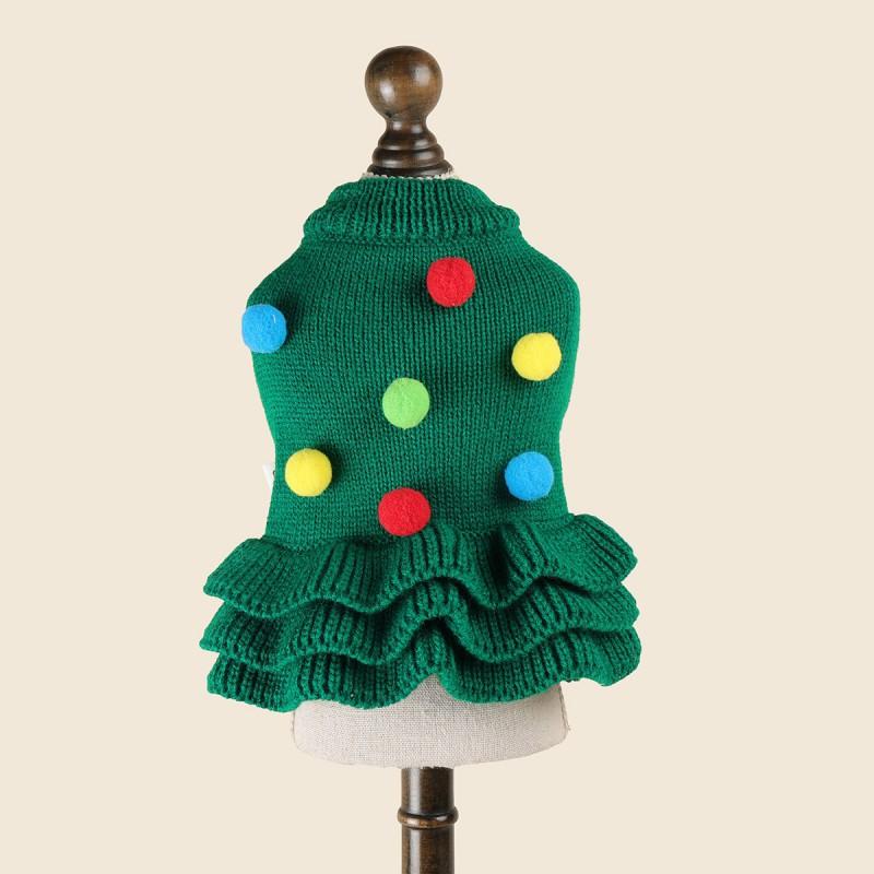 Pet Knit Sweater Dress With Christmas Tree Colorful Pom Poms Warm Winter Outfit Small Dogs Cats