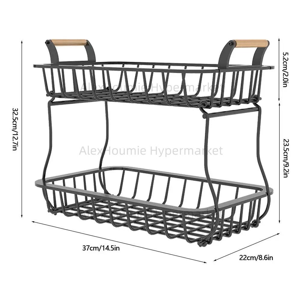 

2 Tier Fruit Basket with Wooden Handle Dining Table Kitchen Counter Organizer Creative Perfect Made of Iron for Single Basket чёрный