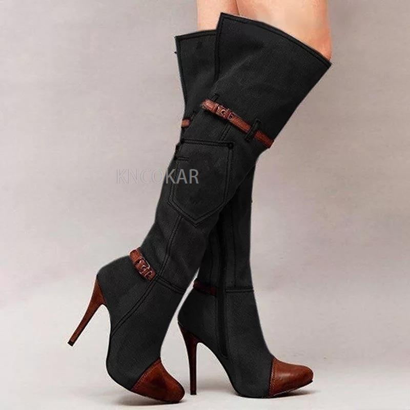 New denim boots with high heels, fashionable knee length women's boots, autumn and winter denim high heels, sexy buttons