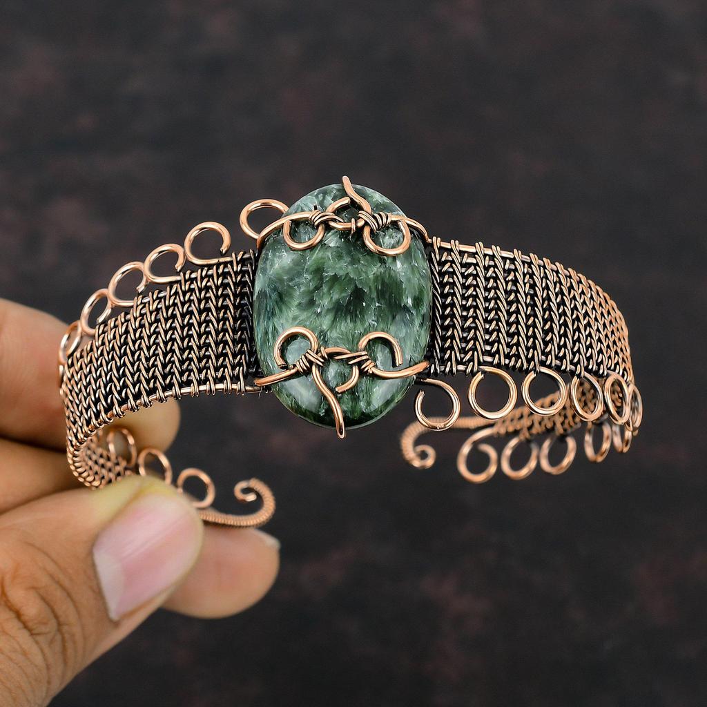Seraphinite Cuff Bracelet Copper Wire Wrapped Gemstone Jewelry Handmade Copper Cuff Bracelet Wire Wrap Bangle Gift For Her Adjustable Bangle