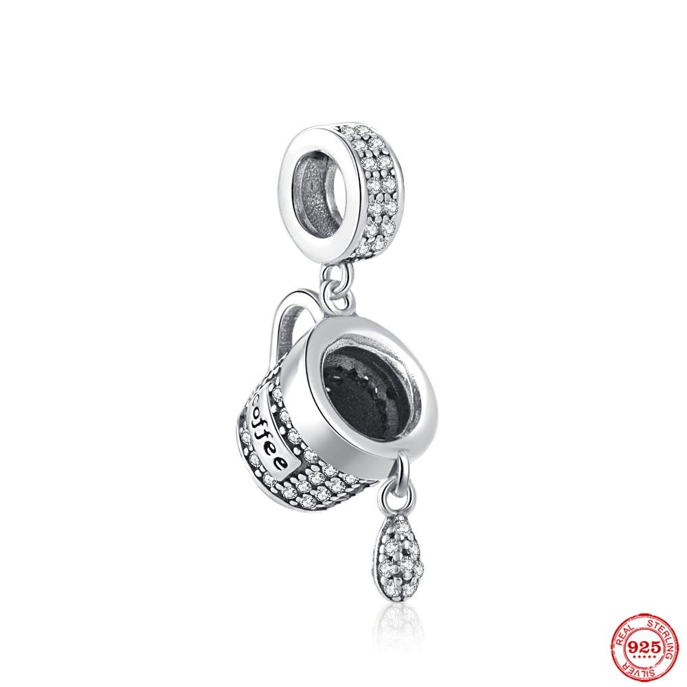 New 925 Silver Fine Coffee Cup Pendant Fit Original Bracelet Diy Jewelry Women Wine Glass Bottle Drink Charm Red Heart Clip Bead