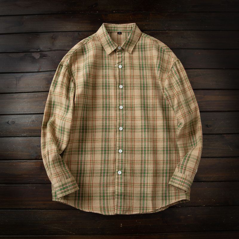 Japan fashion Order! Soft Glutinous Color Grid Sanding! Four Seasons Men Lapel Loose Casual Long sleeve Shirts Top Outerwear