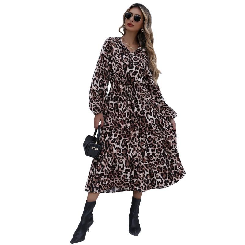 Autumn and winter autumn and winter dress wild leopard print medium and long sleeve dress