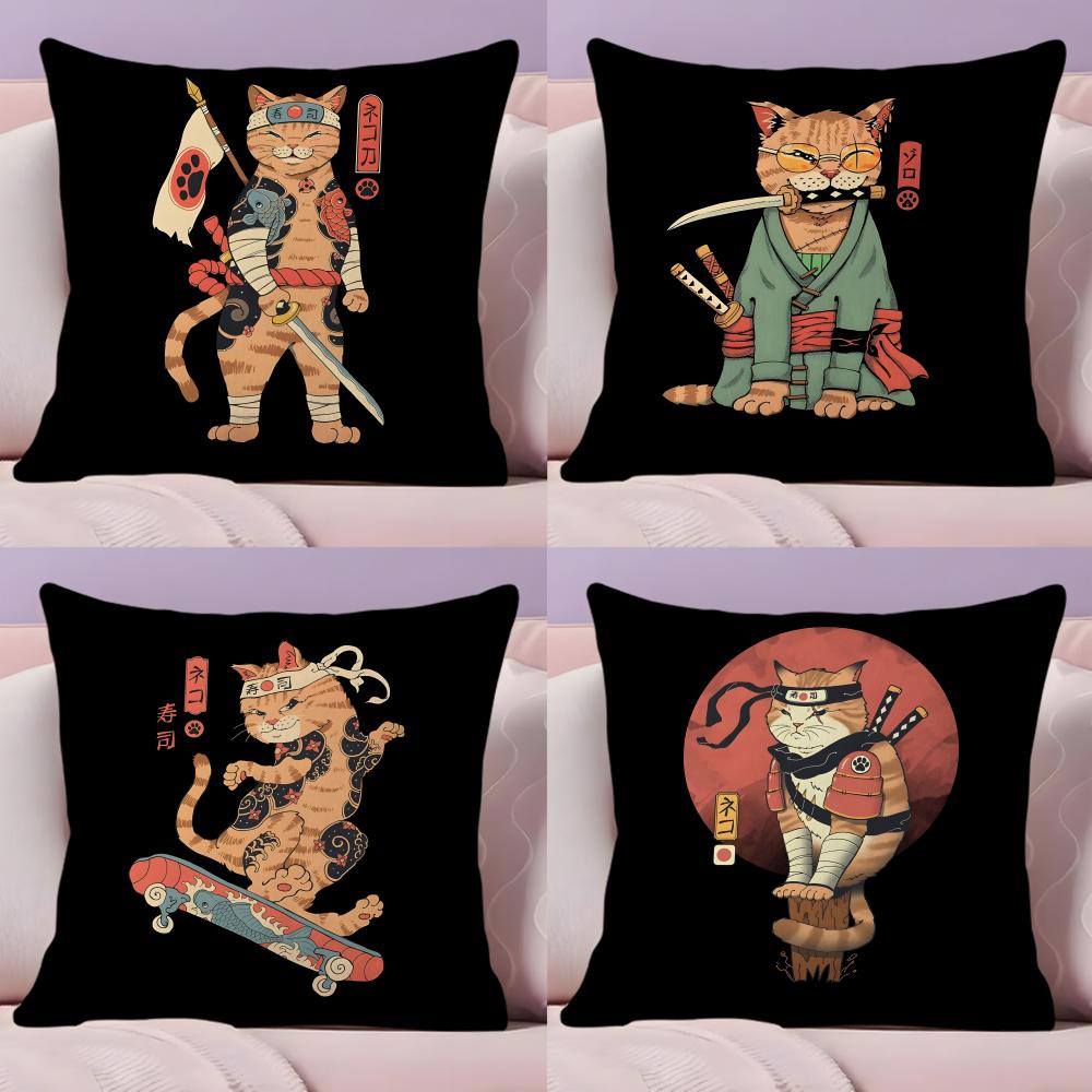 Japanese Style Samurai Cat Cushion Cover Plush Fabric Soft Double-Sided Printed Sofa Warm Winter Home Gift Pillow Cover